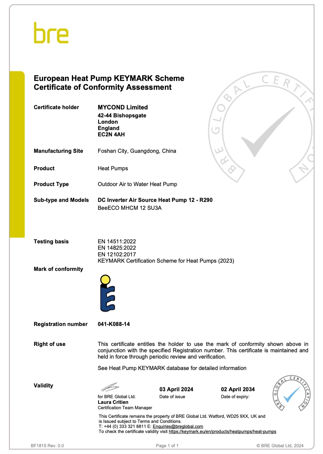 Mycond BeeEco Konformitätsbescheinigung KEYMARK