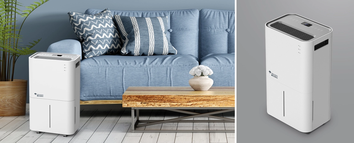 Der elegante weiße MyCond Roomer Eco 25 Luftentfeuchter in Aktion.